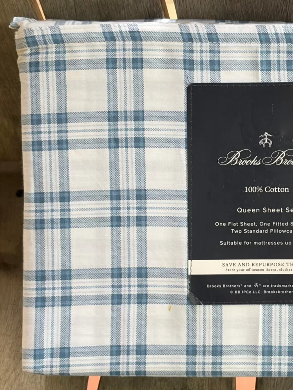 NEW Brooks Brothers Queen Size Cotton Sheet Set Blue / White Window Pane Plaid